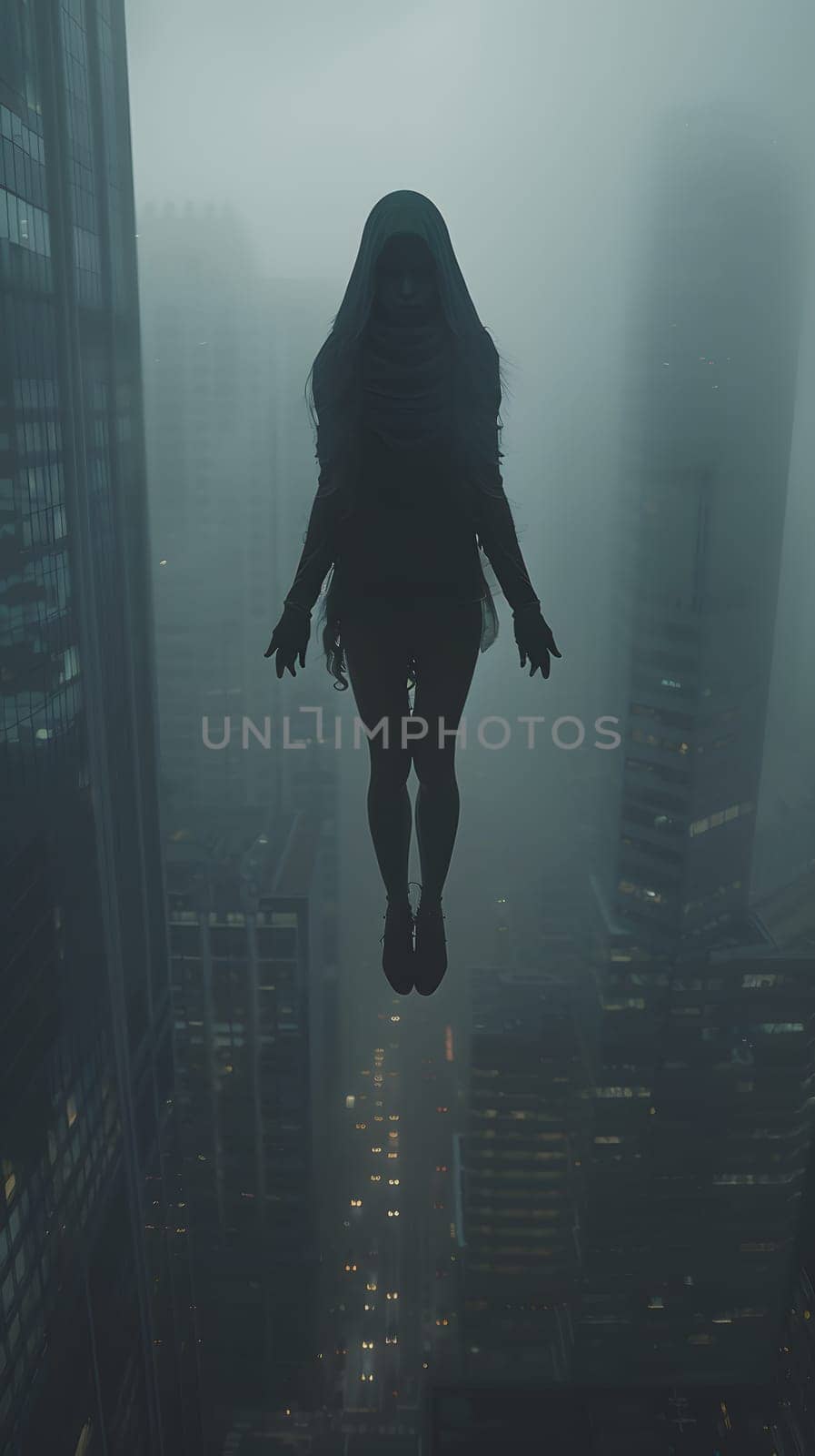 A silhouette of a woman underwater diving in the foggy city, equipped with personal protective gear like a dry suit, exploring the misty darkness below the water surface