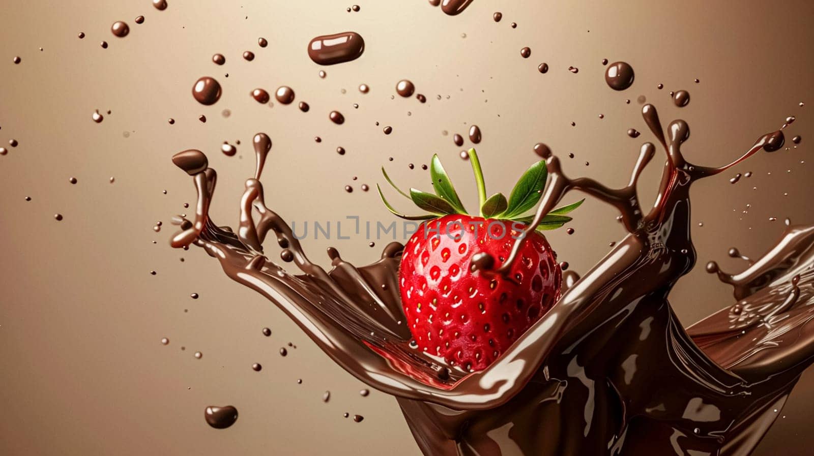 Strawberry falling into melted liquid chocolate, food dessert and confectionery industry by Anneleven
