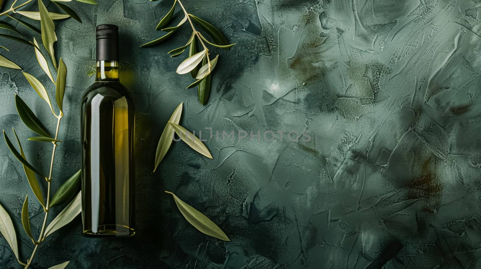 Olive oil bottle ad background with copyspace, vegetable oil commercial produce, food industry and retail concept