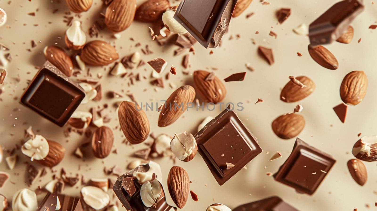 Nuts and chocolate splash, food dessert and confectionery industry by Anneleven