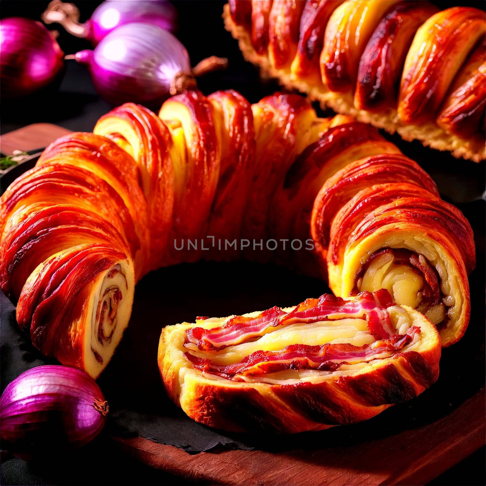 Belarusian babka potato casserole bacon onions golden brown served in slices Culinary and Food concept. close-up food, isolated on transparent background