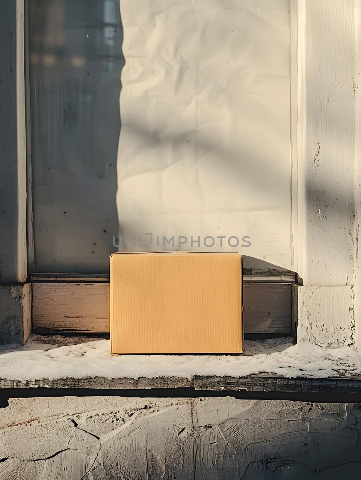 A yellow rectangular box sits on a stone ledge next to a hardwood door. The contrast of colors between the box and the flooring creates a vibrant scene against the asphalt road surface