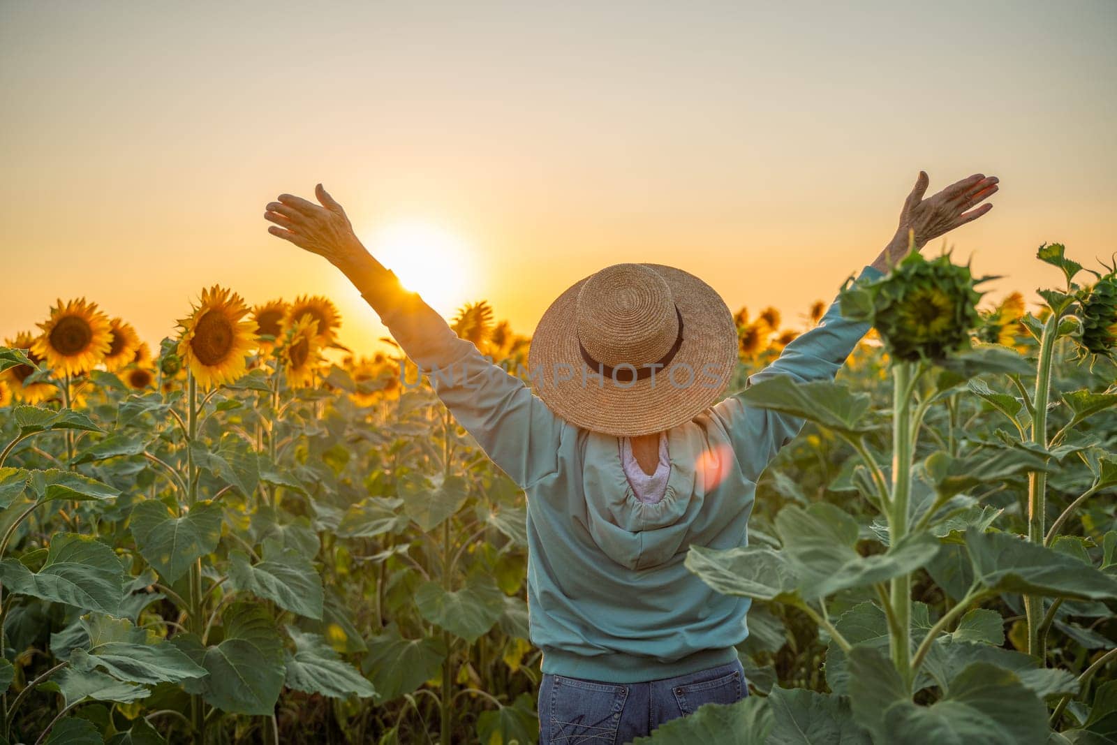 A woman wearing a straw hat stands in a field of sunflowers. She is smiling and she is happy