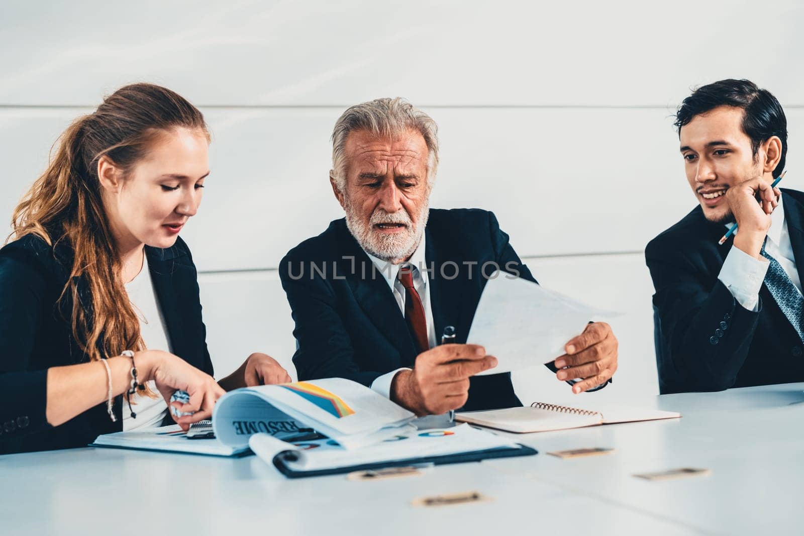 Senior old executive manager working with young businesspeople in office meeting room. Old man is company leader sitting with secretary and translator. International corporate business concept. uds