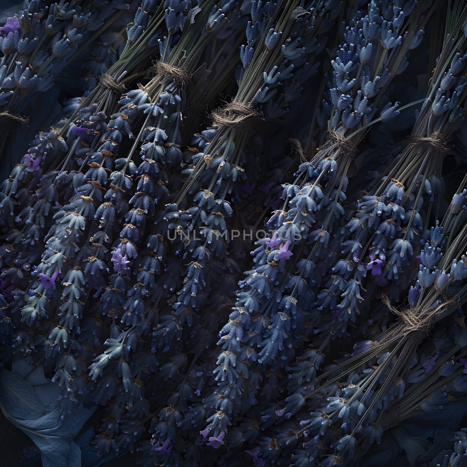 A pattern of purple lavender flowers stacked on a woolen table, showcasing the beauty of this terrestrial plant in shades of violet, magenta, and electric blue