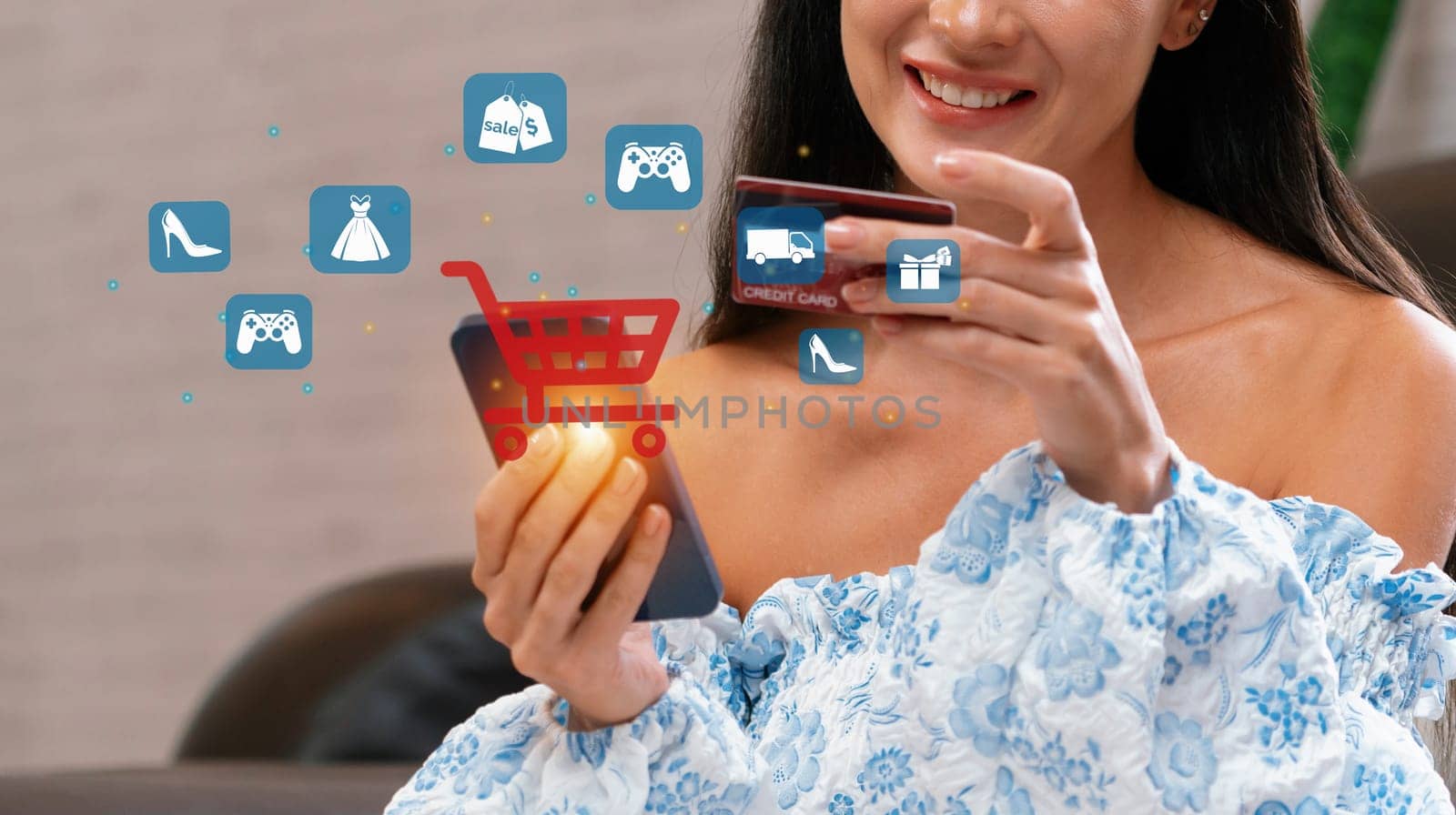 Elegant customer wearing blue dress controlling device choosing online platform. Smart consumer watching gadget opening e-commerce application using cashless technology shopping inventory. Cybercash.