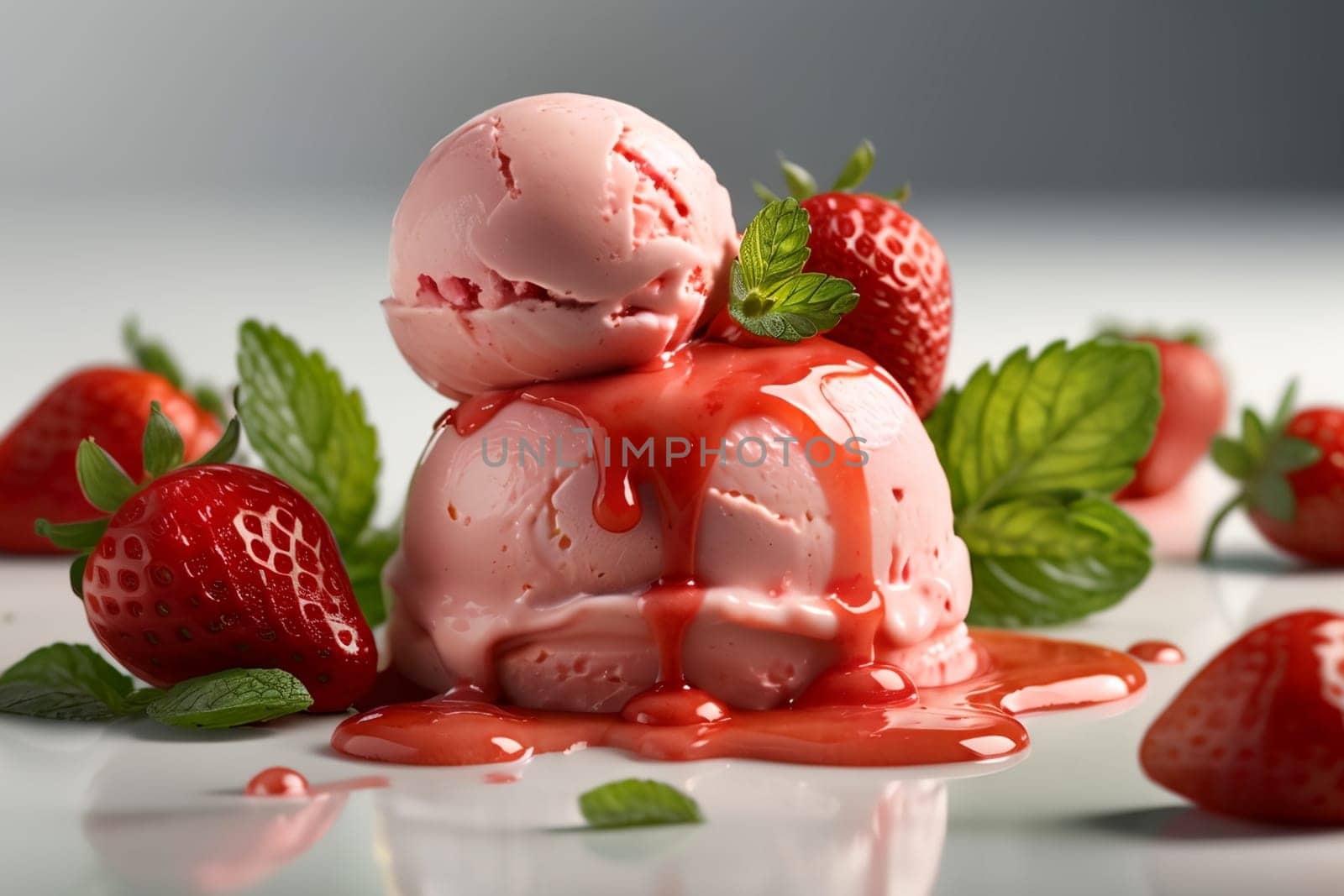 strawberry ice cream with strawberry syrup and mint by Rawlik