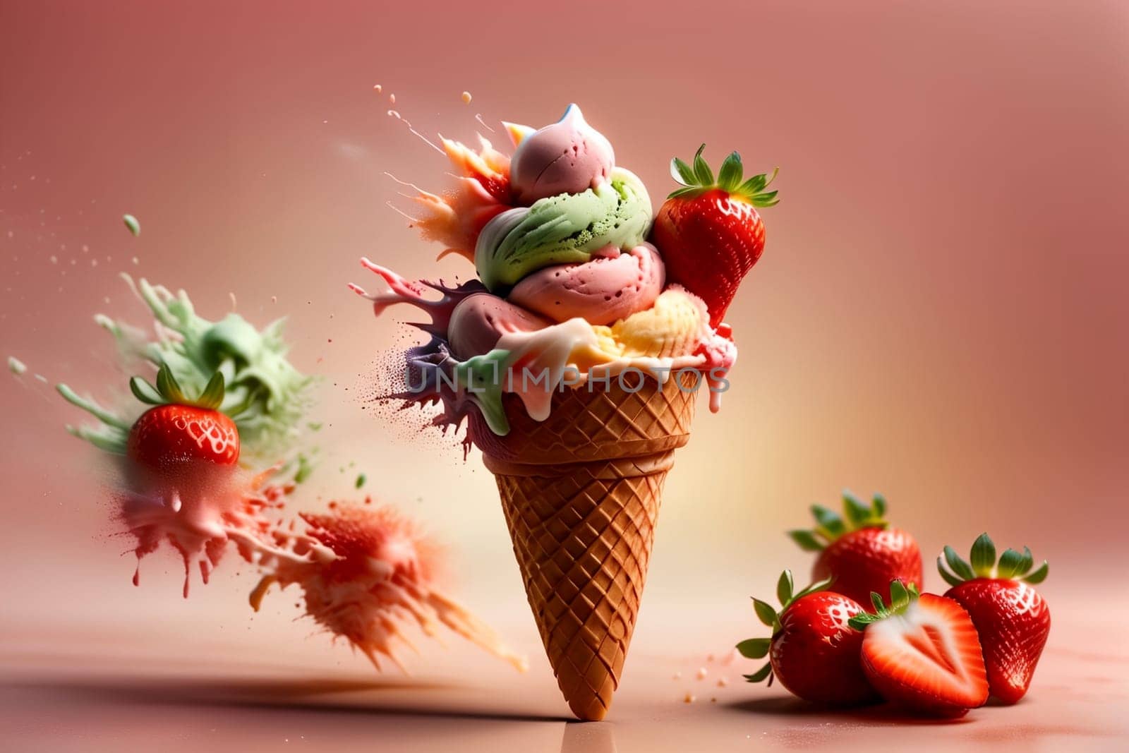 strawberry ice cream in a waffle cup by Rawlik
