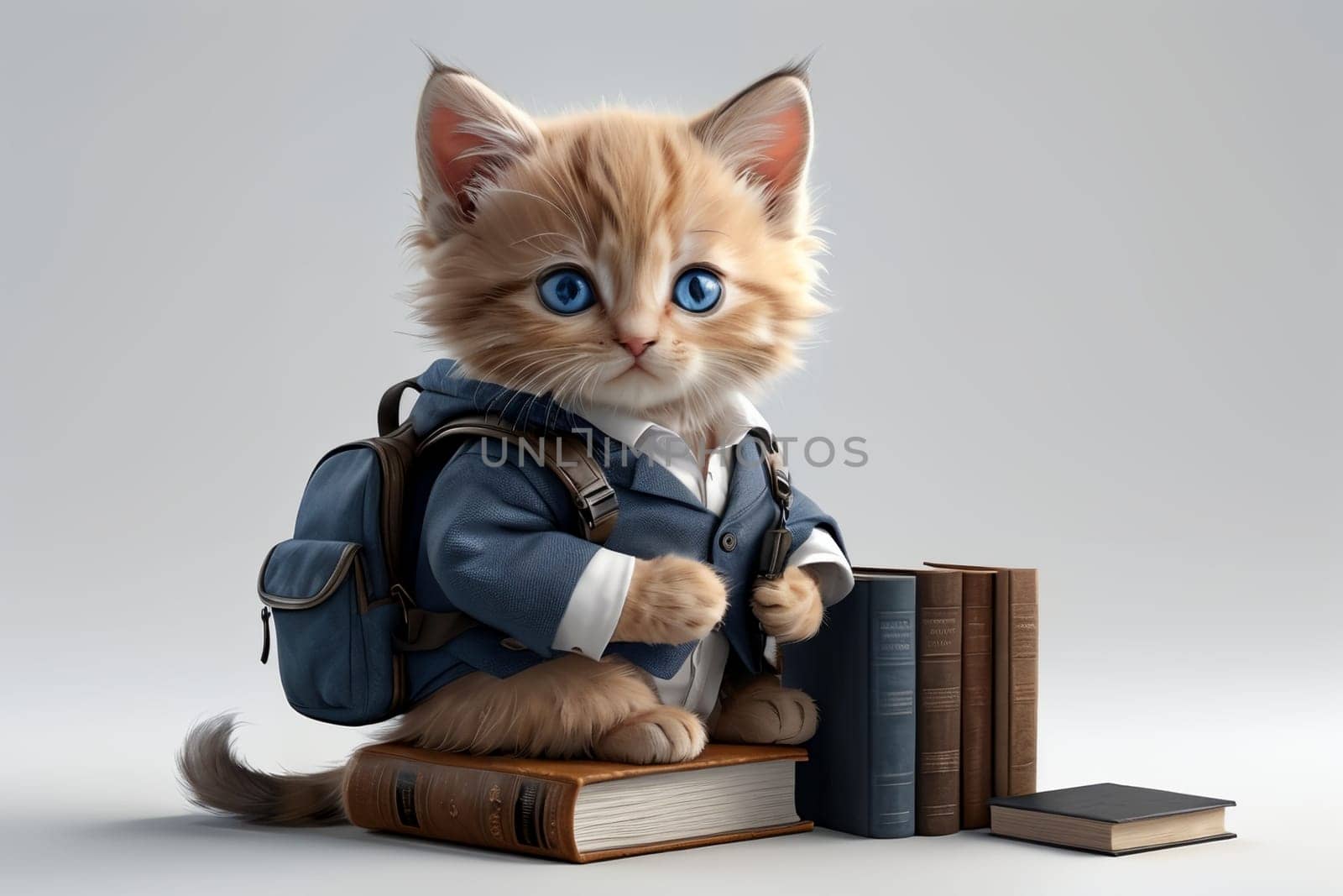 kitten schoolboy with backpack and textbooks .