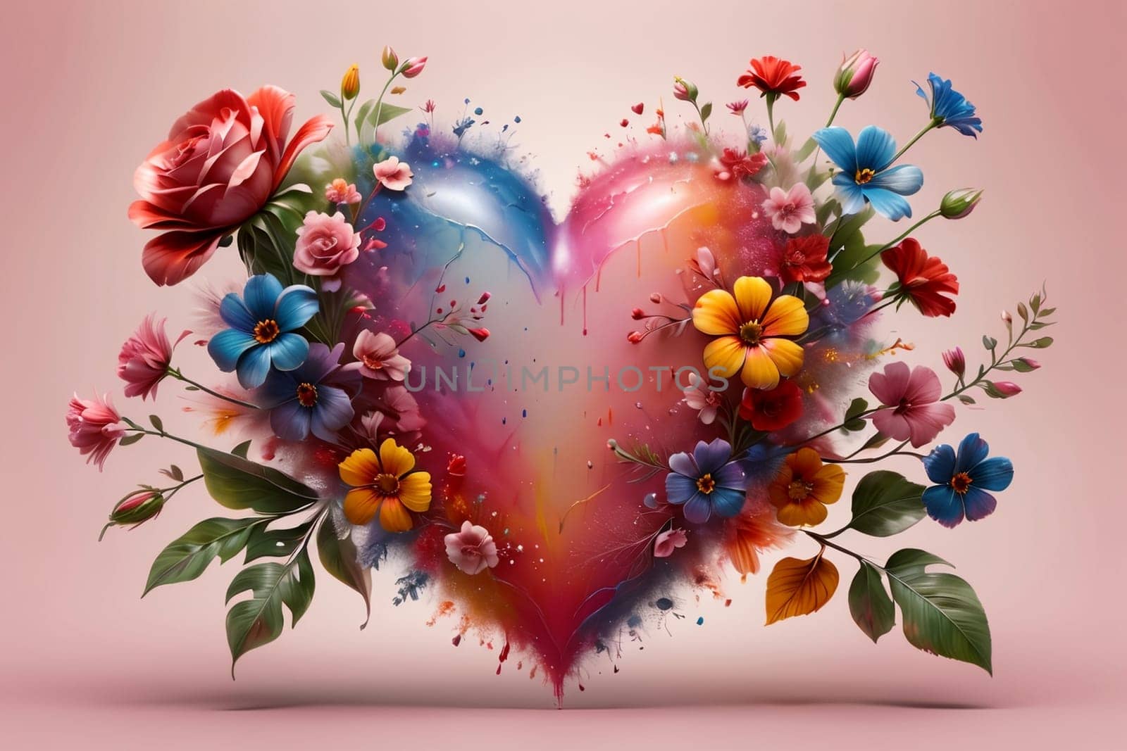 big Valentine card with colorful flowers .