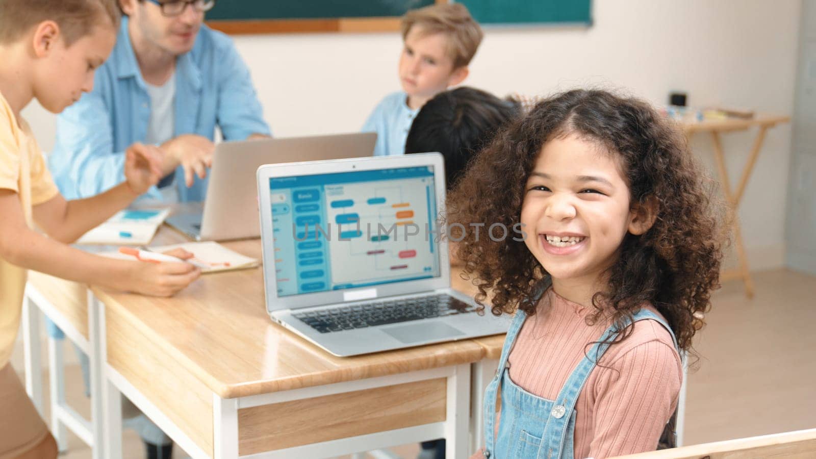 American student looking at camera and learning prompt in STEM technology class while group of diverse student and teacher doing mind mapping. Smart child learning coding software program. Pedagogy.