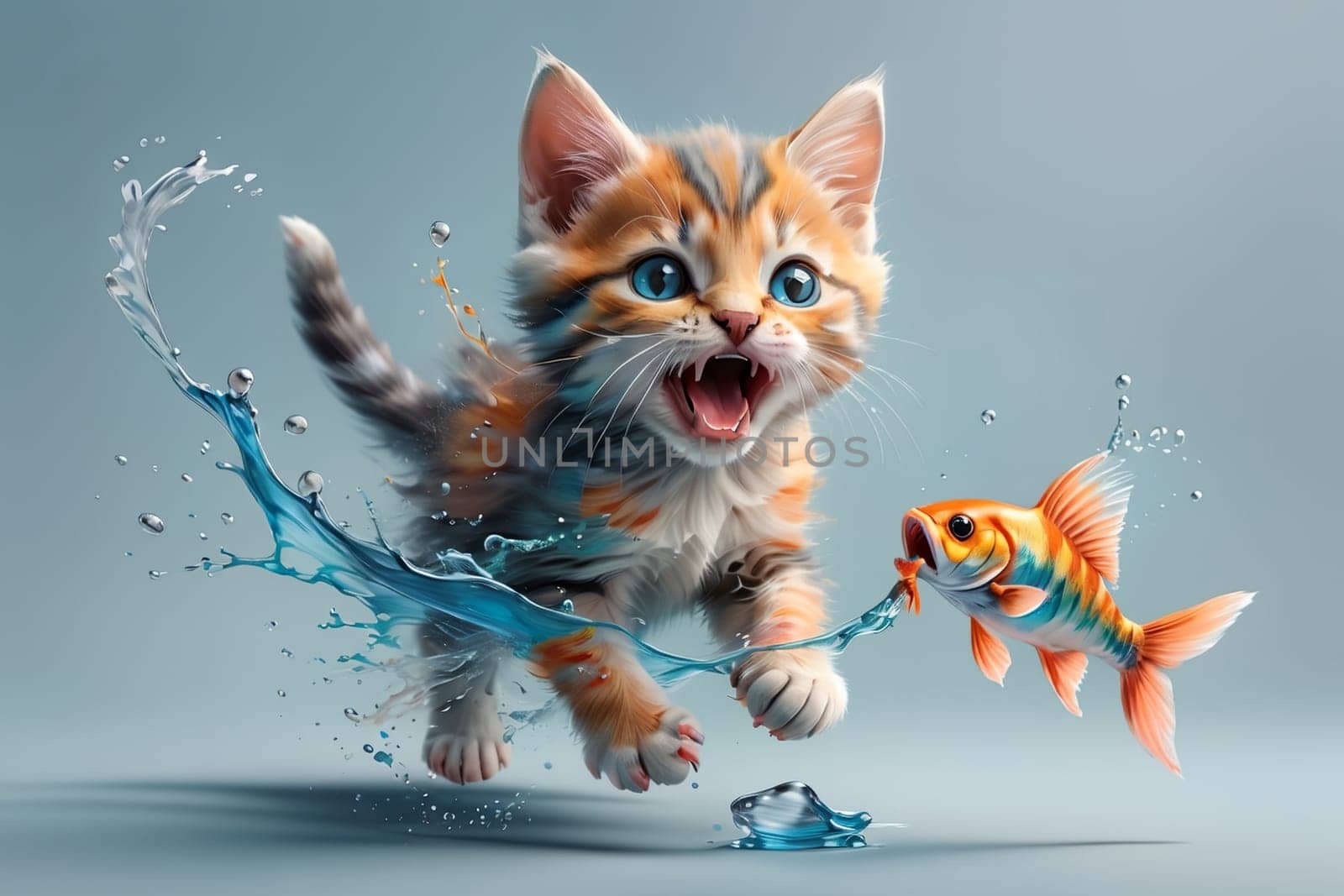 Cute Ragdoll kitten and goldfish underwater .