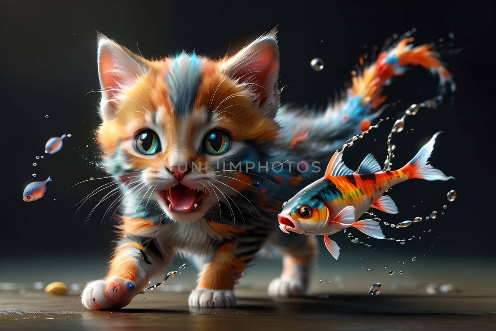 Cute Ragdoll kitten and goldfish underwater by Rawlik