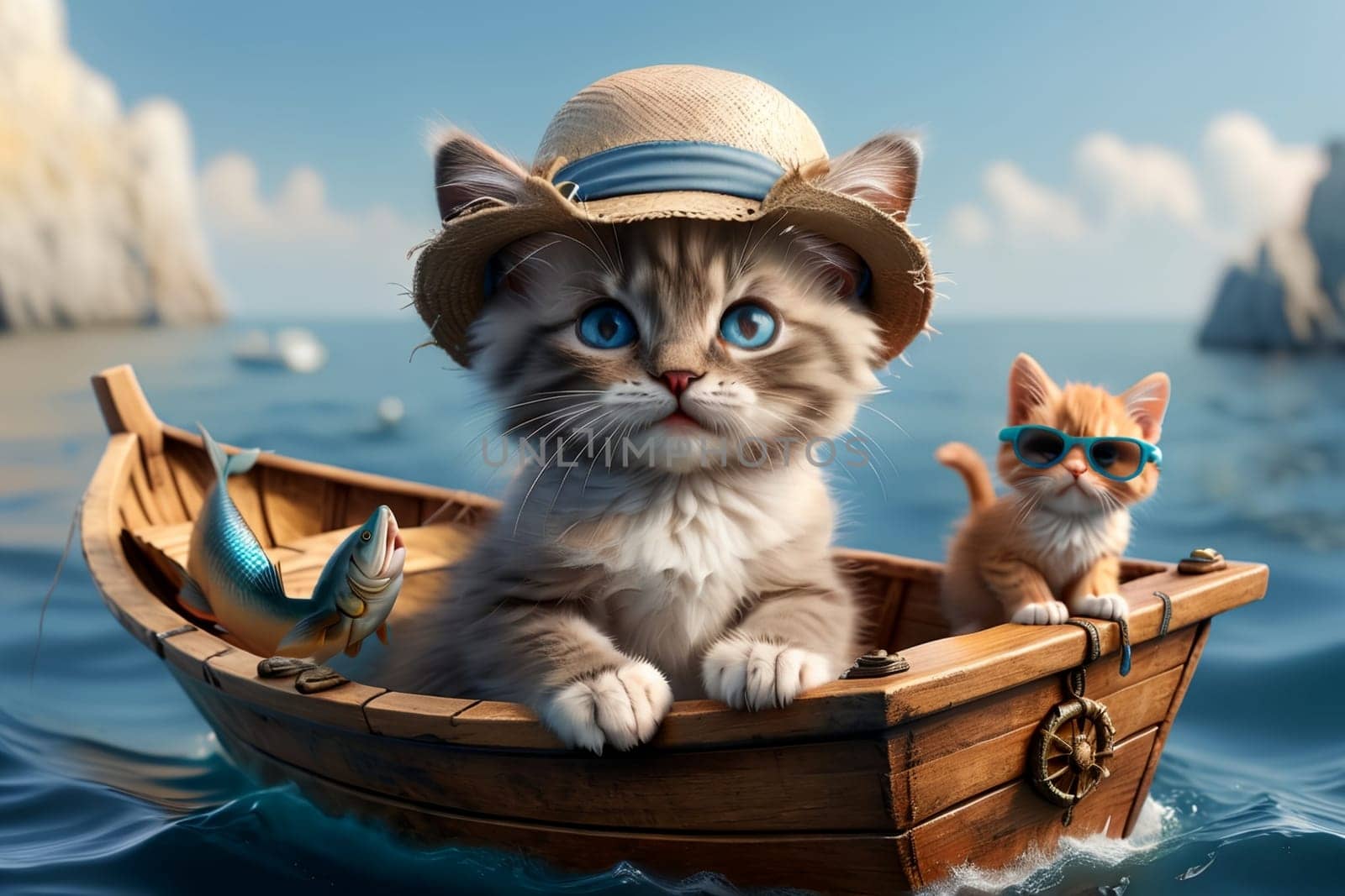 cute kitten in a boat on the sea with fish .