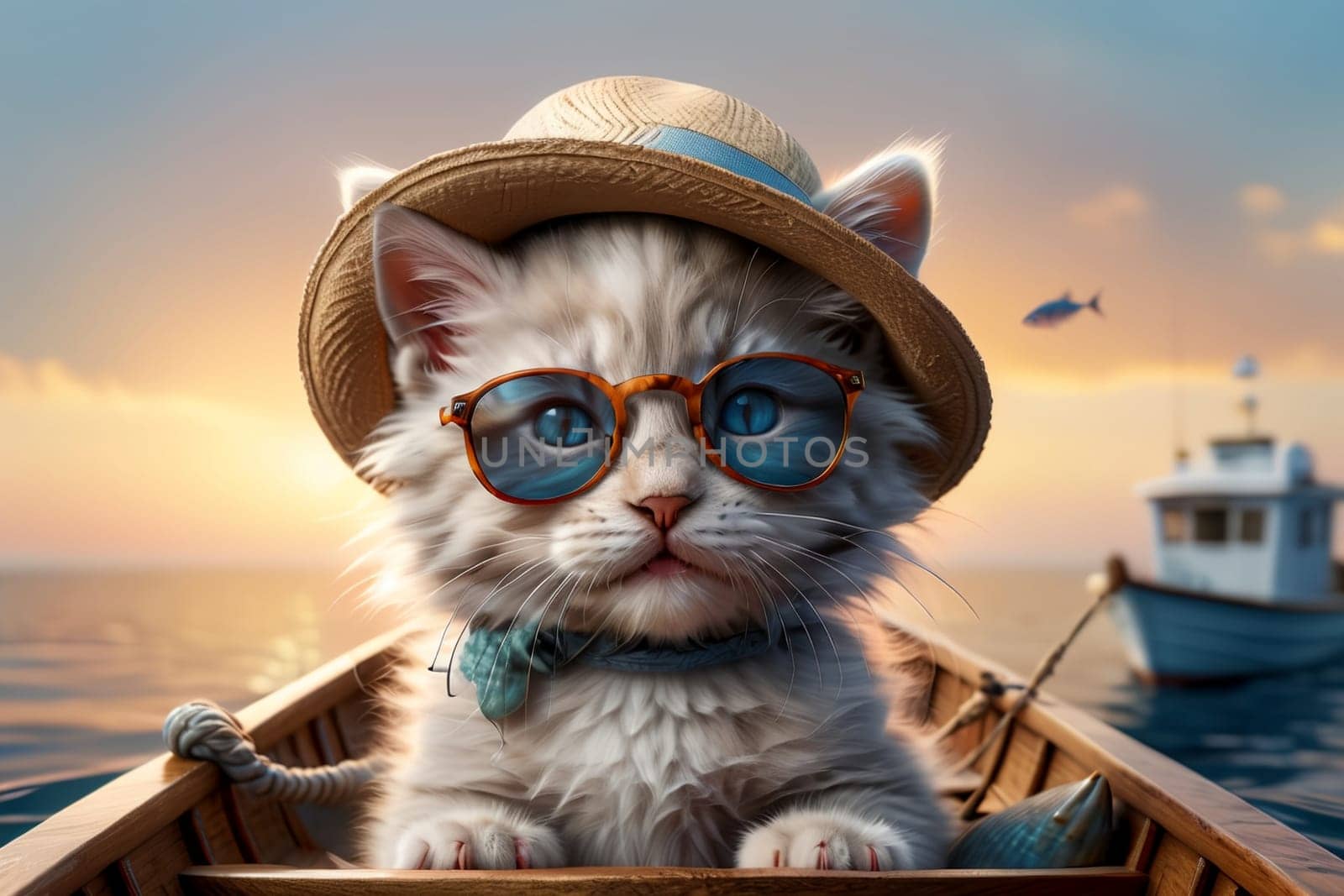 cute kitten in a boat on the sea with fish .