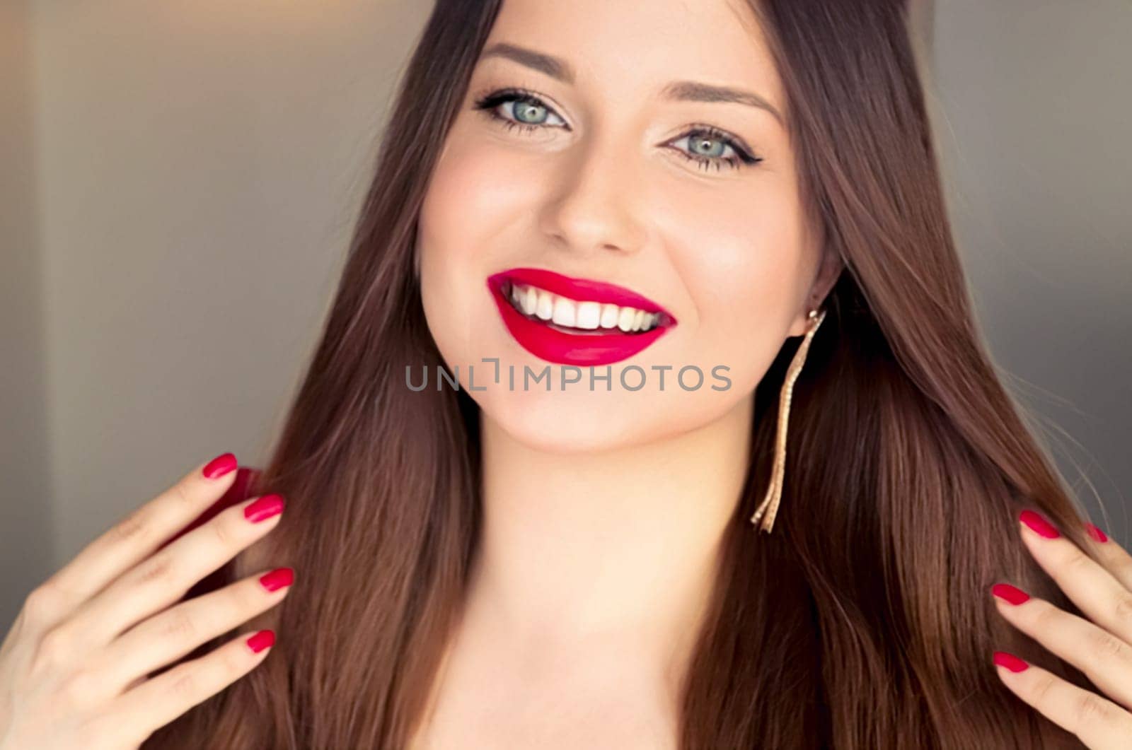 Beauty, makeup and smiles, face portrait of happy woman smiling, natural white teeth smile for dental cosmetics, skin care, glamour style and fashion look idea