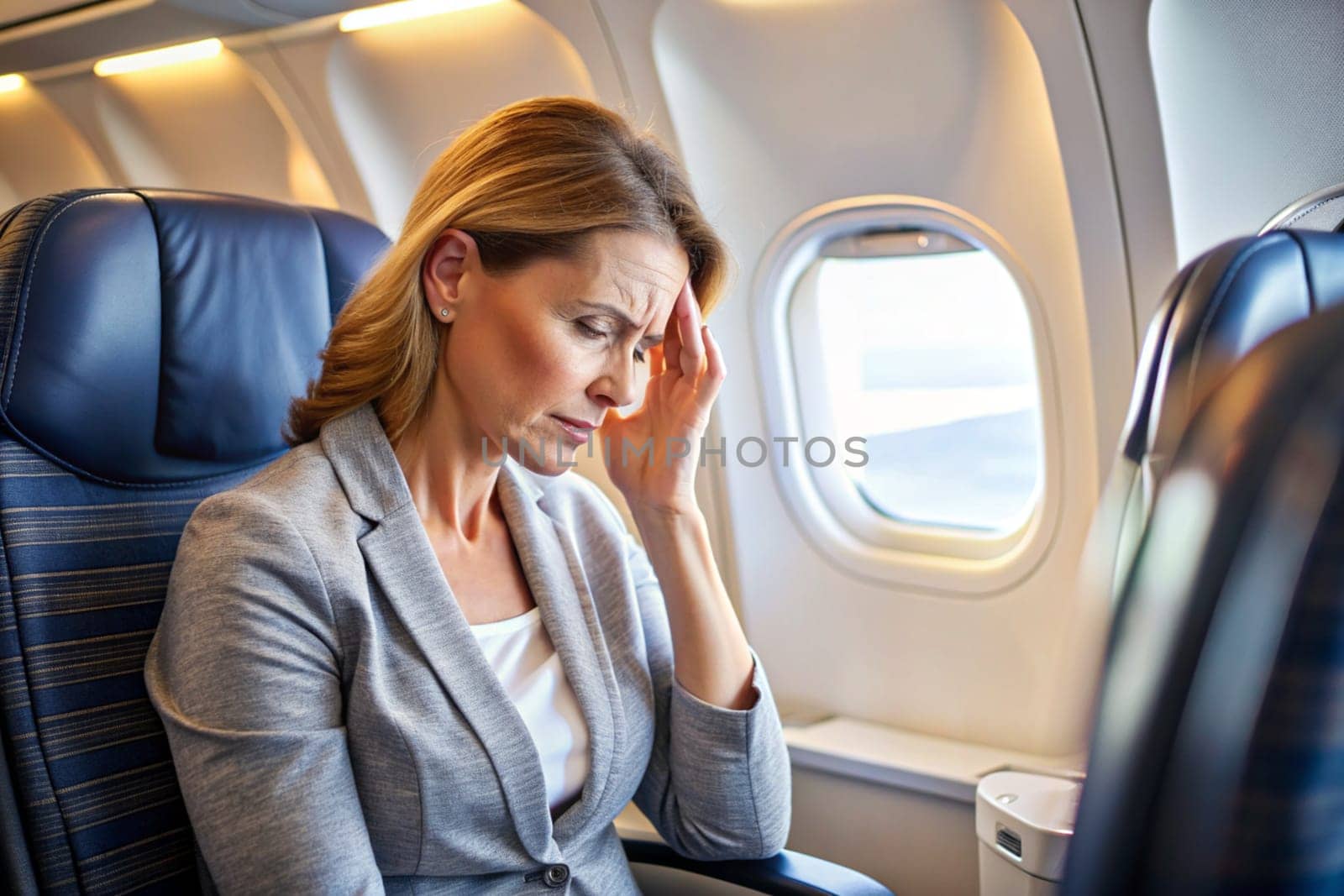 Tired woman with headache feeling sick while sitting in the airplane. Passengers near the window. Ai generated by alenamoore