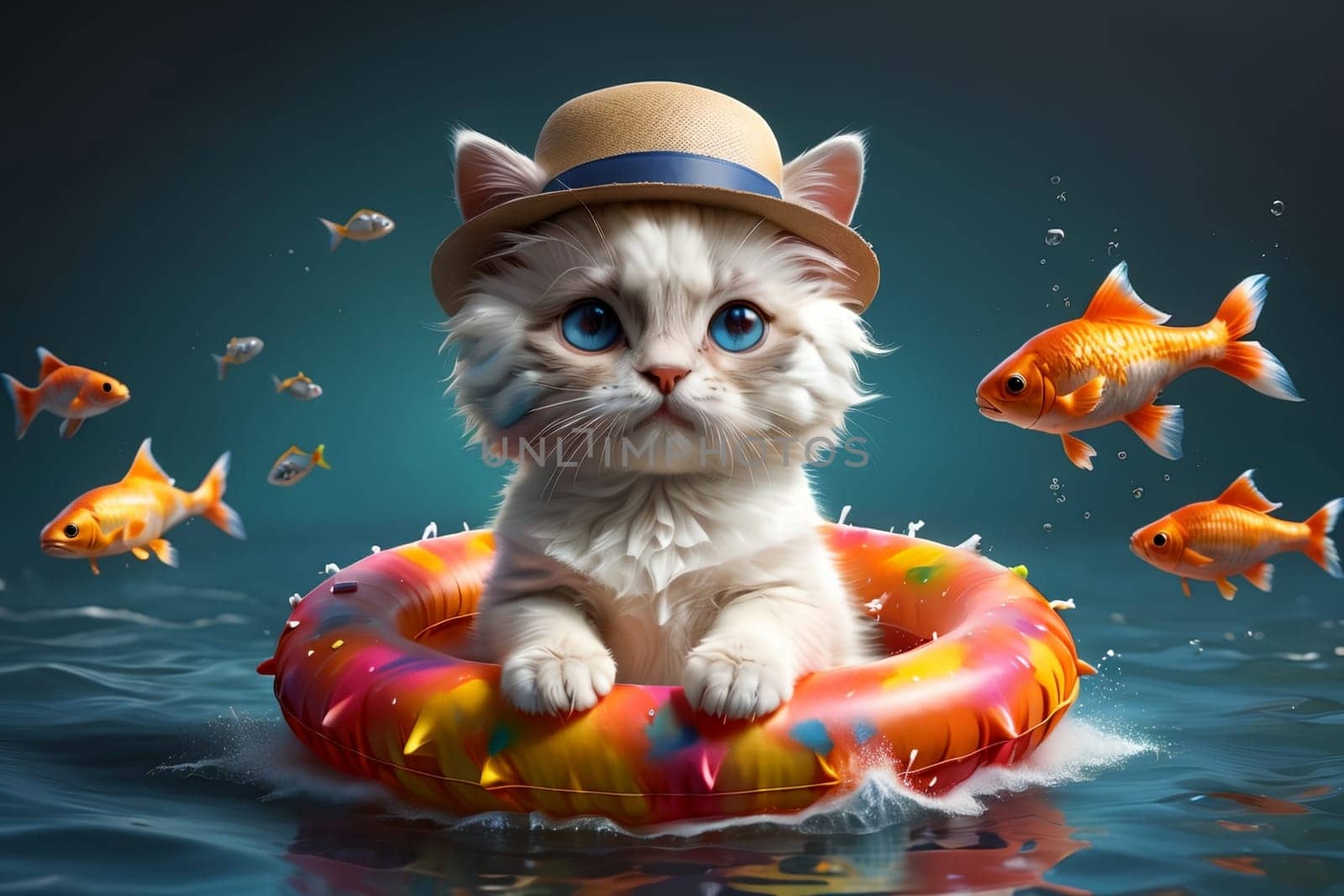 cute kitten in an inflatable ring on the sea with fish .