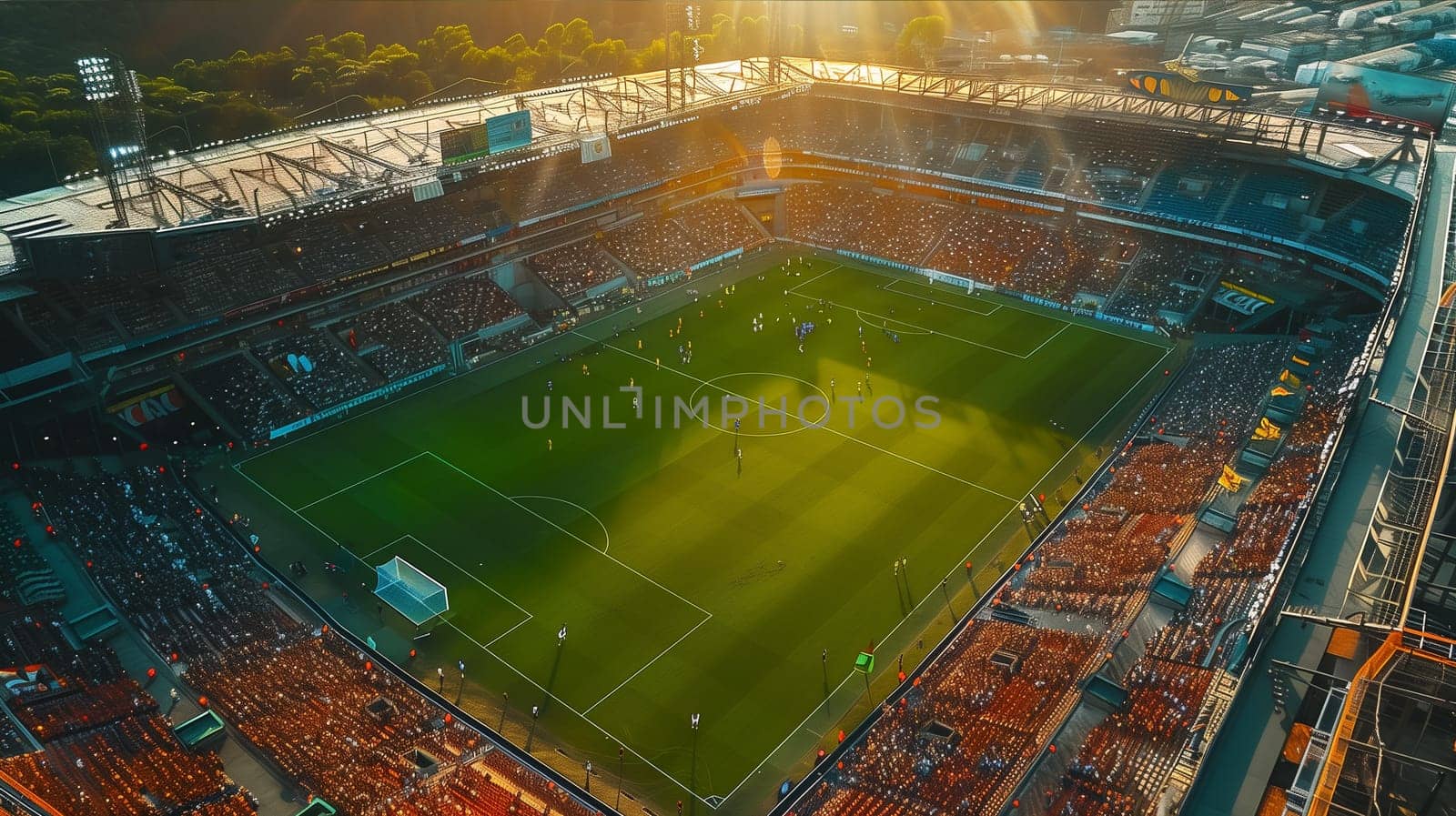An aerial view capturing the sunset over a bustling soccer stadium, with players on the field and fans in the stands.