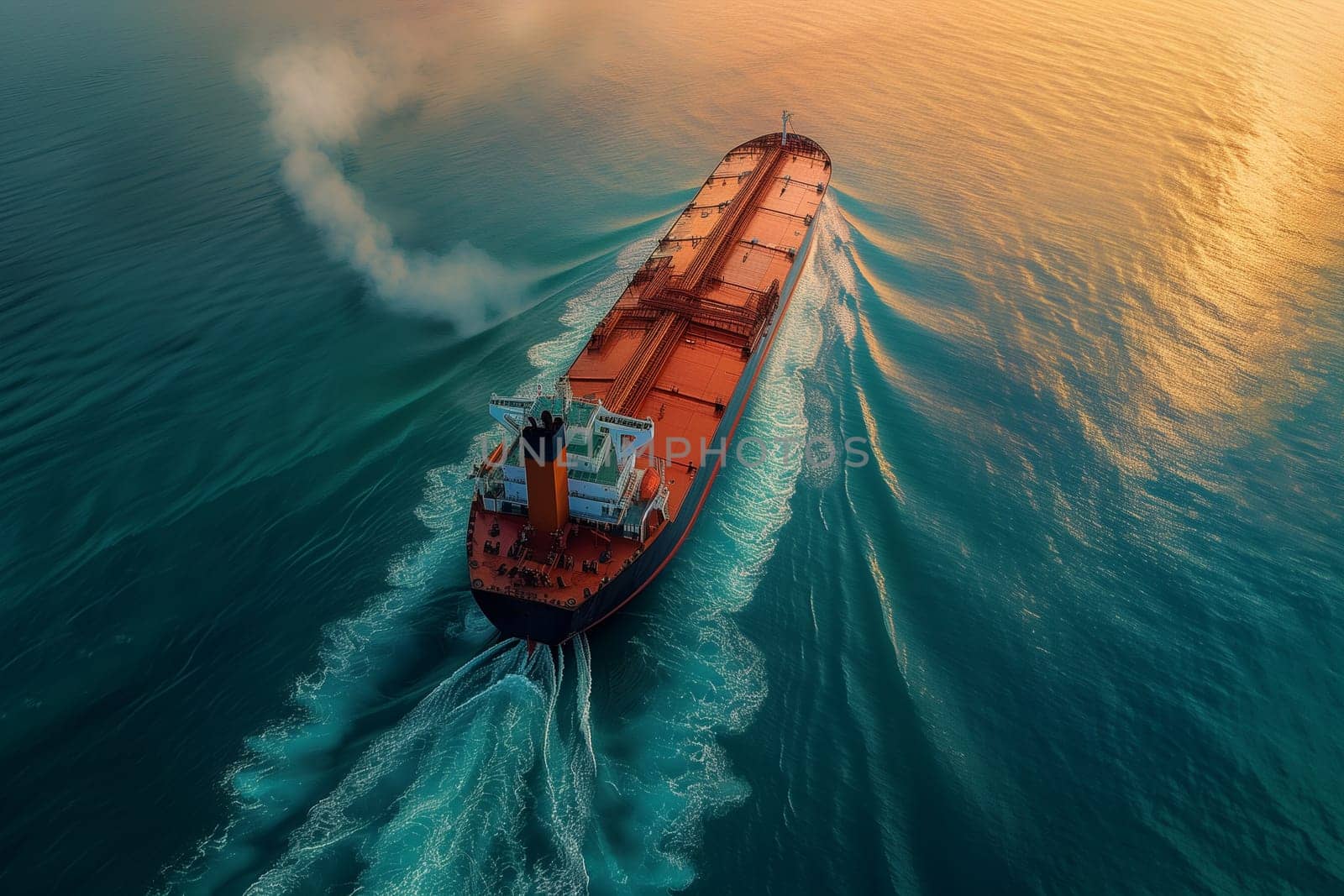 A cargo tanker painted in bright orange floats on a body of water, ready for gas transportation.