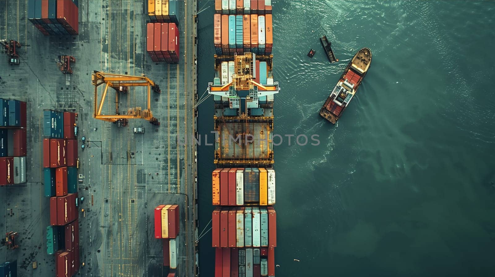 A cargo ship loaded with containers sails across the vast ocean in this aerial view.