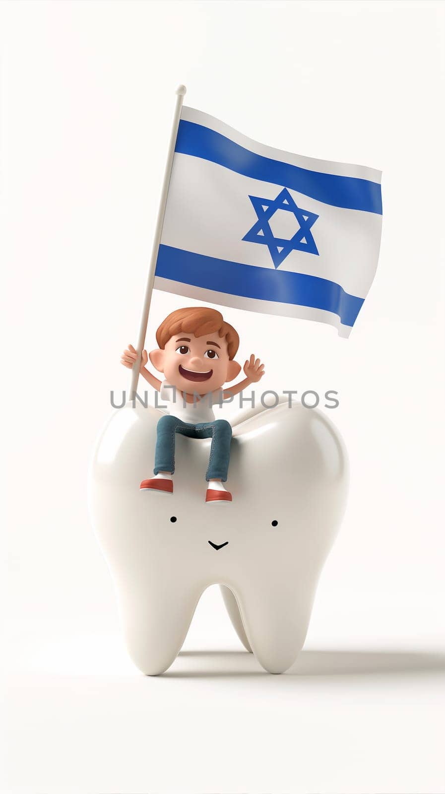 A human tooth with an Israeli flag on it, representing dental treatment in Israel.