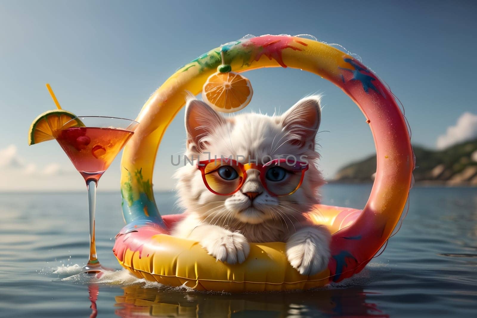 cute kitten in an inflatable ring on the sea with a cocktail in a glass by Rawlik