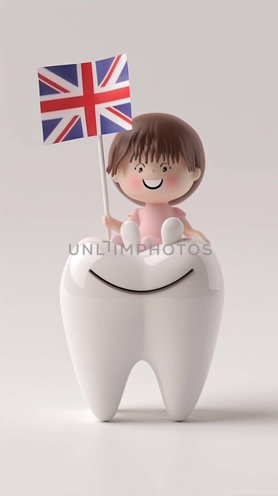 A tooth adorned with the British flag, symbolizing dental treatment related to the country or patriotism.