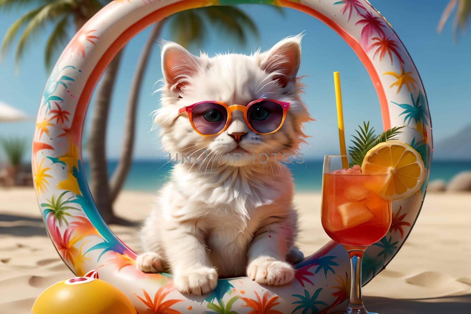 cute kitten in an inflatable ring on the sea with a cocktail in a glass by Rawlik