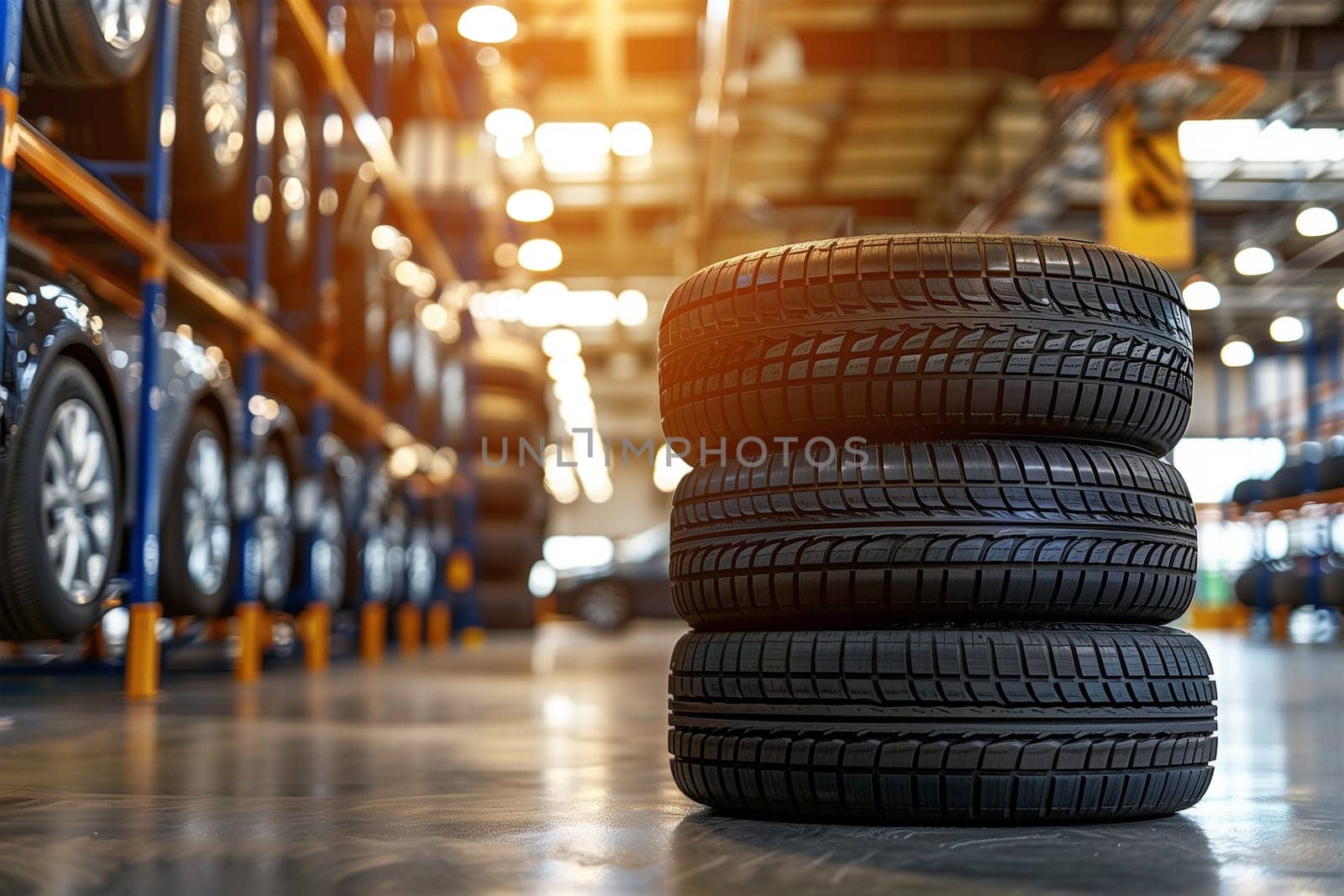 A neat stack of tires stored in a warehouse, showcasing various sizes and treads for distribution or sale.