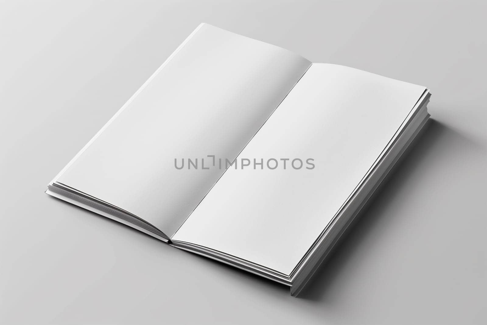 An open white book placed on a simple gray background, showcasing its blank pages and clean design. Mockup