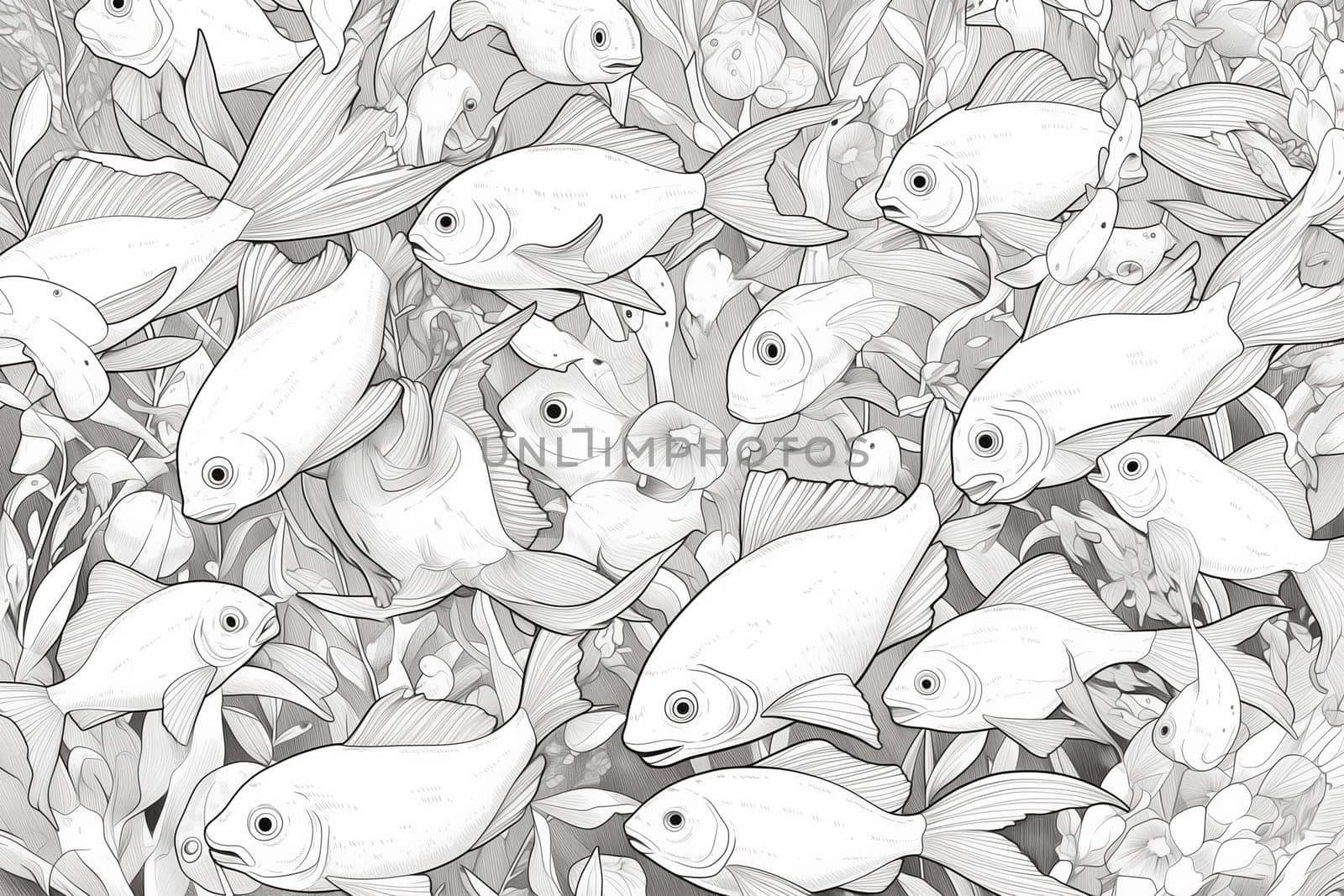 A black and white drawing of fish elegantly swimming in the water, showcasing their fluid movements and unique shapes.