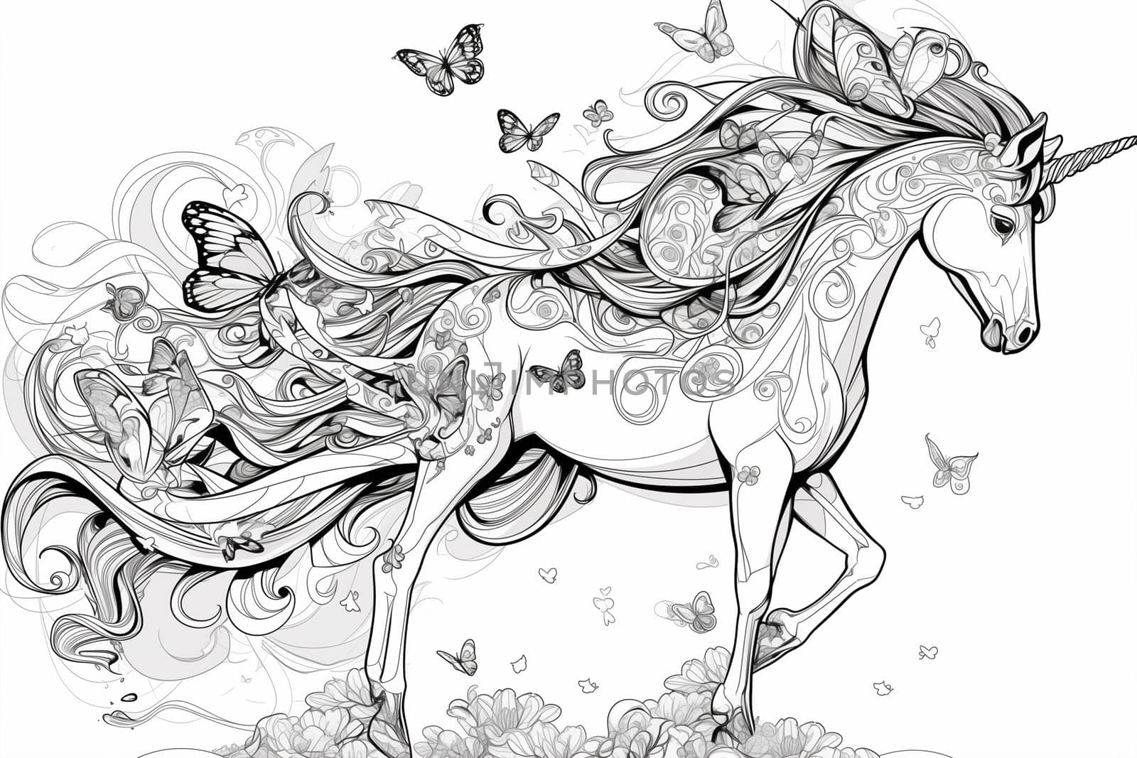 A detailed black and white drawing featuring a majestic unicorn surrounded by delicate butterflies, showcasing a magical and mythical scene.