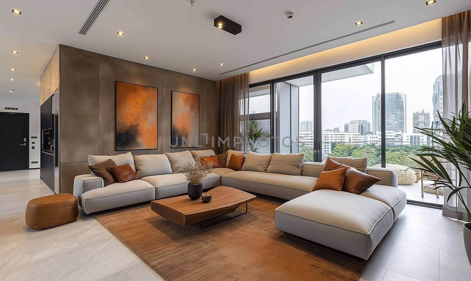 Living room with a big couch and coffee table.