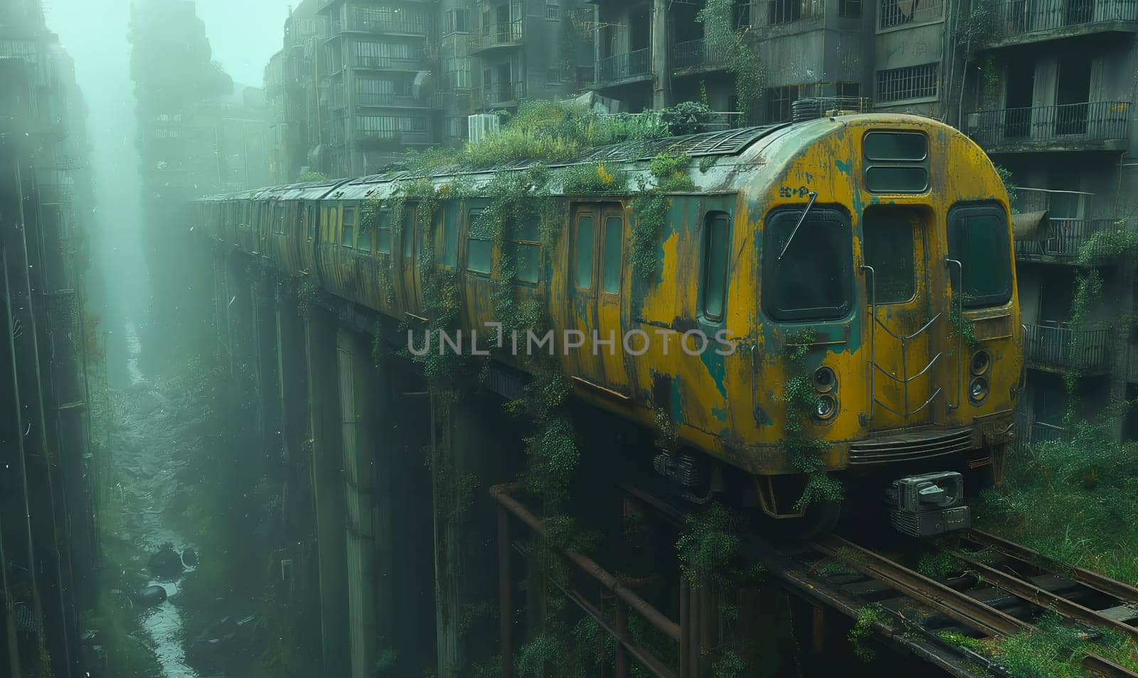 A yellow train moves through a lively, green urban environment.