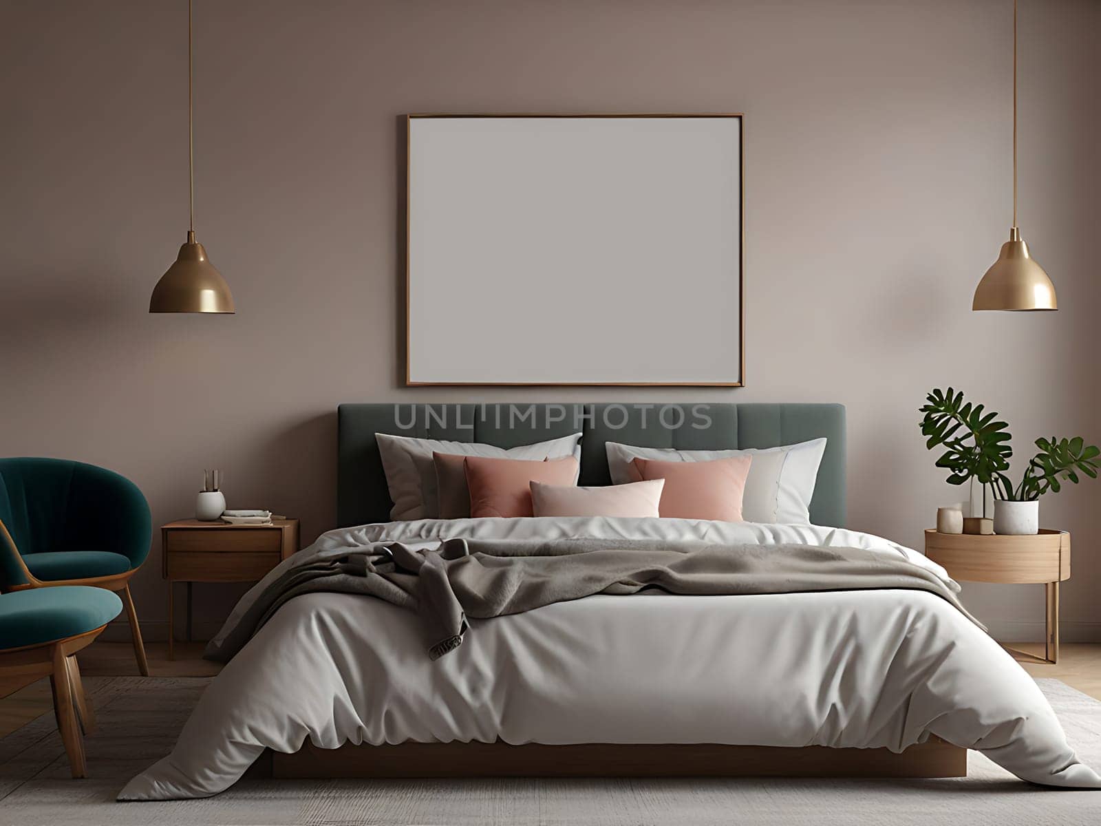 Simple modern minimalist interior bedroom decor with pastel color background. Blank space wall art mockup above the bed inside natural light bedroom. Generative AI.