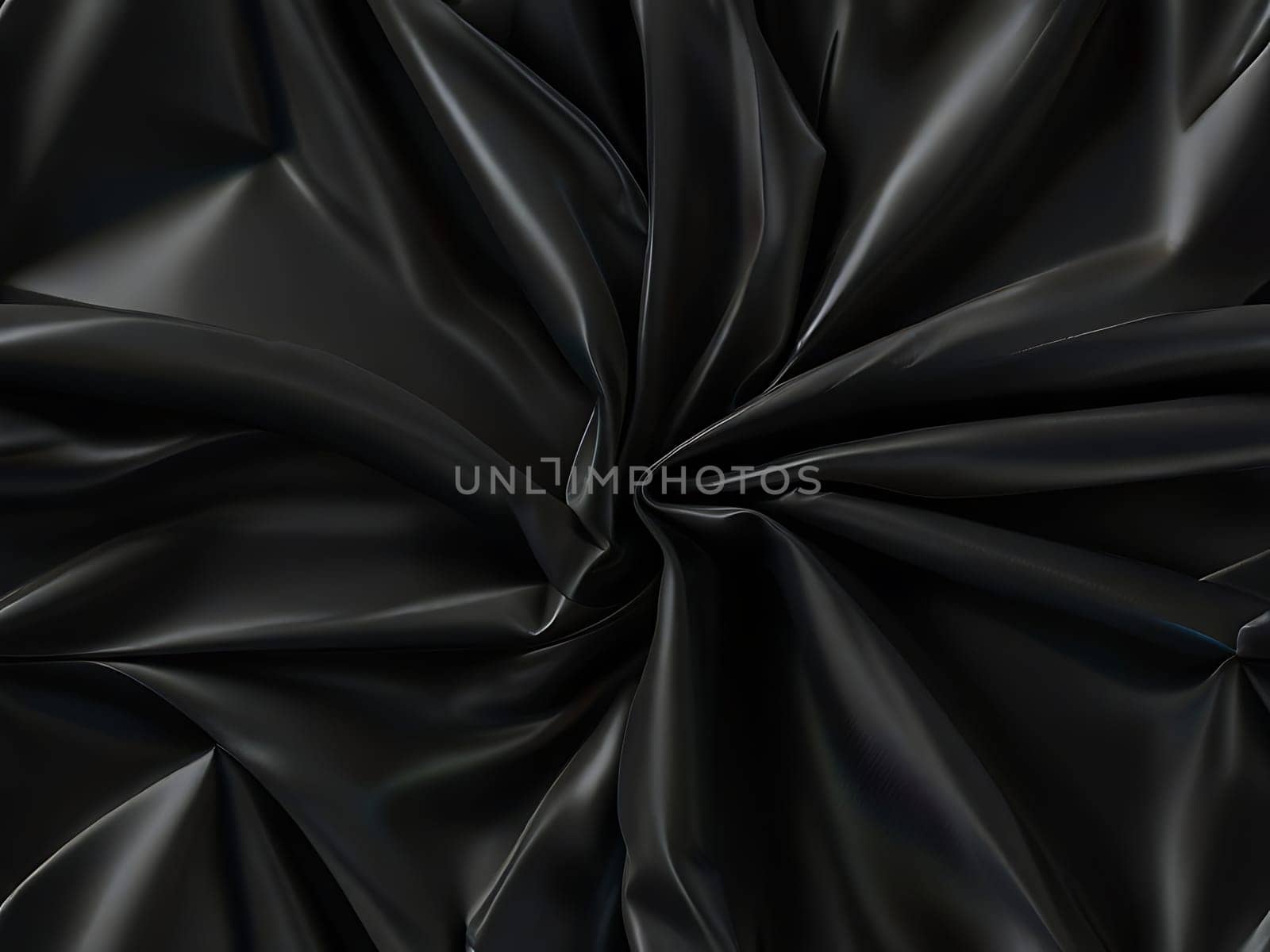 Abstract black crumpled plastic surface on dark background. Transparent plastic with stretched, wrinkled and folded texture. Generative AI.