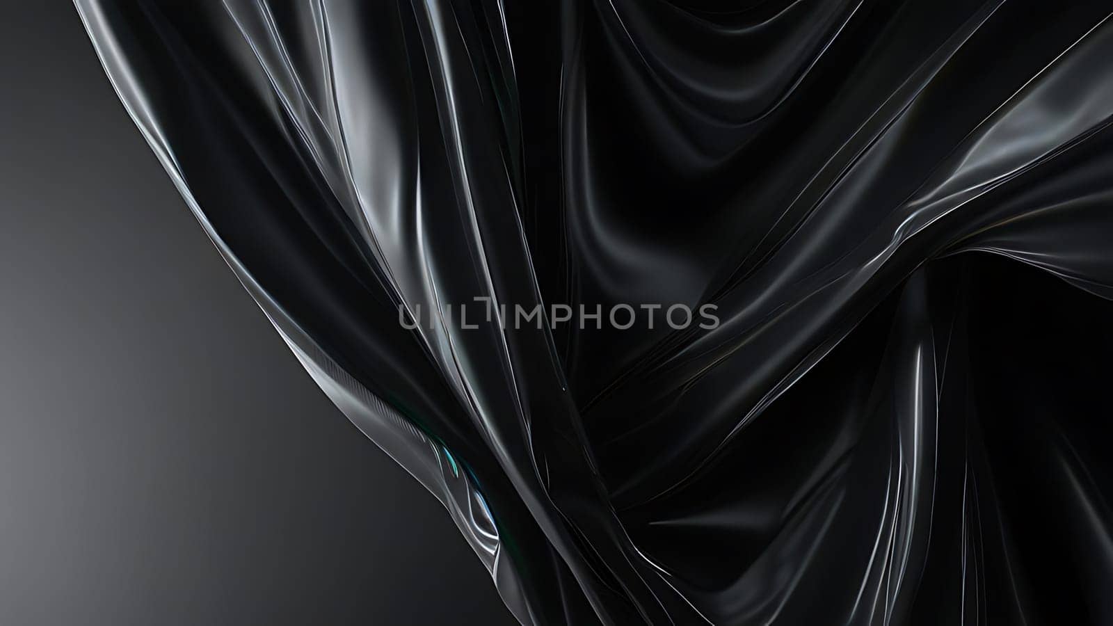 Abstract black crumpled plastic surface on dark background. Transparent plastic with stretched, wrinkled and folded texture. Generative AI.