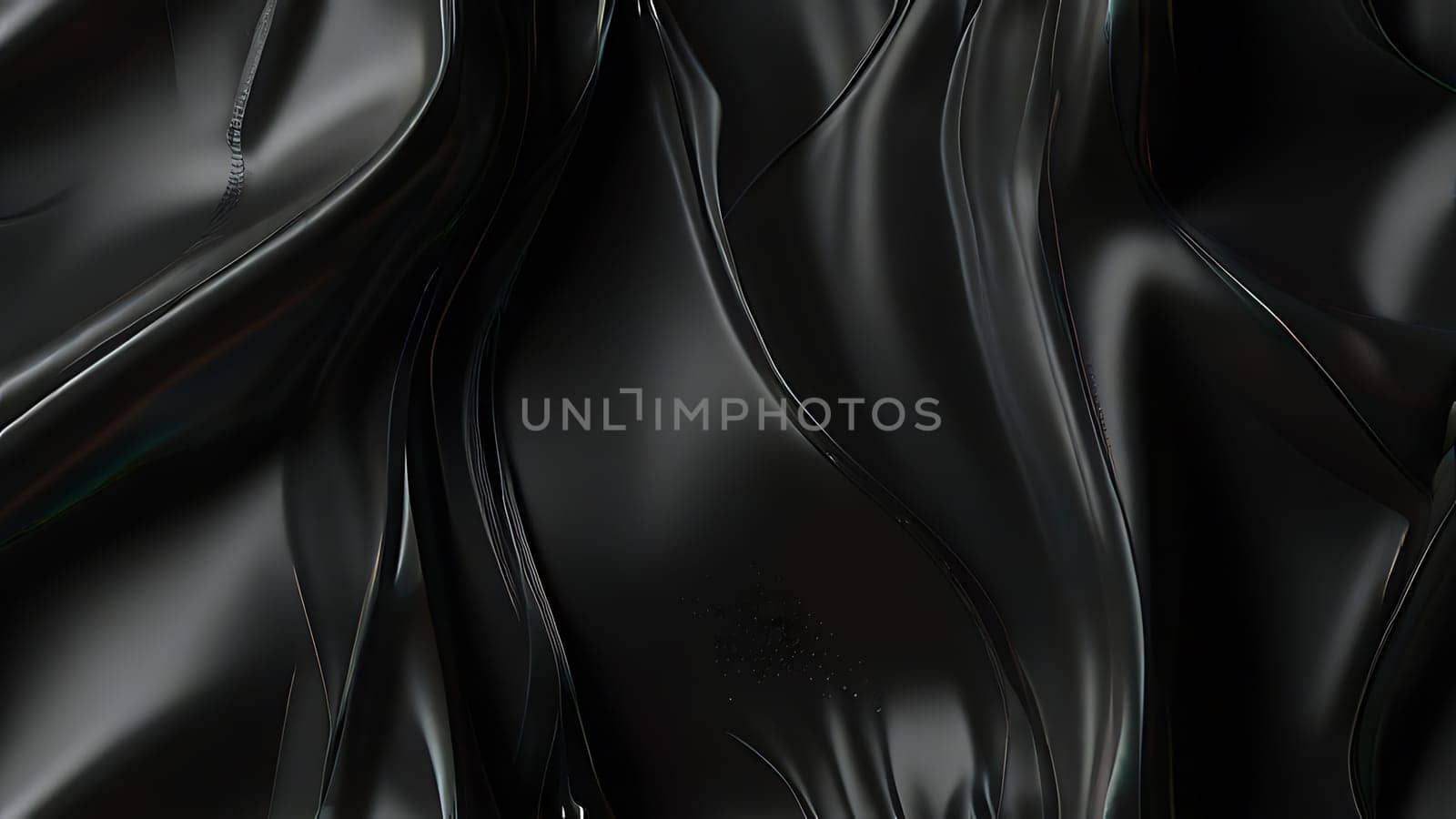 Abstract black crumpled plastic surface on dark background. Transparent plastic with stretched, wrinkled and folded texture. Generative AI.