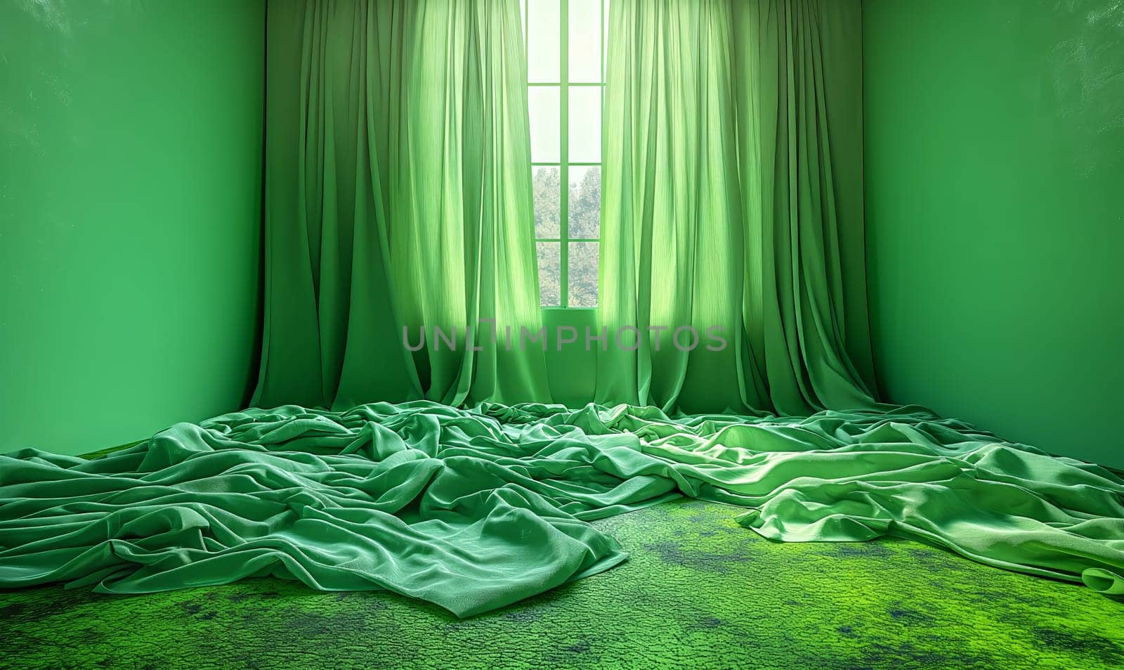 A green room featuring a bed and window.