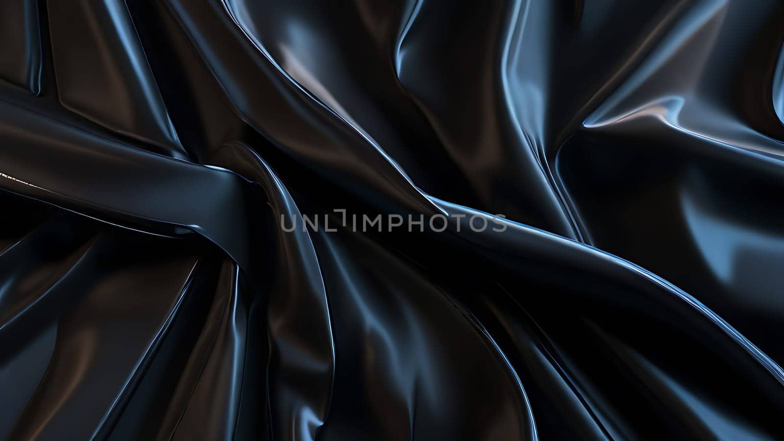 Abstract black crumpled plastic surface on dark background. Transparent plastic with stretched, wrinkled and folded texture. Generative AI.