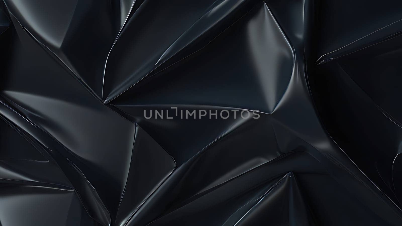 Abstract black crumpled plastic surface on dark background. Transparent plastic with stretched, wrinkled and folded texture. Generative AI.