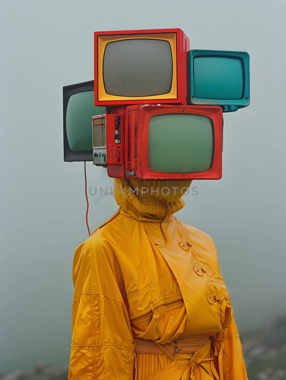 A person in highvisibility yellow workwear with cameras and gadgets attached to their head, resembling a cluster of televisions. The outfit includes protective equipment and automotive lighting