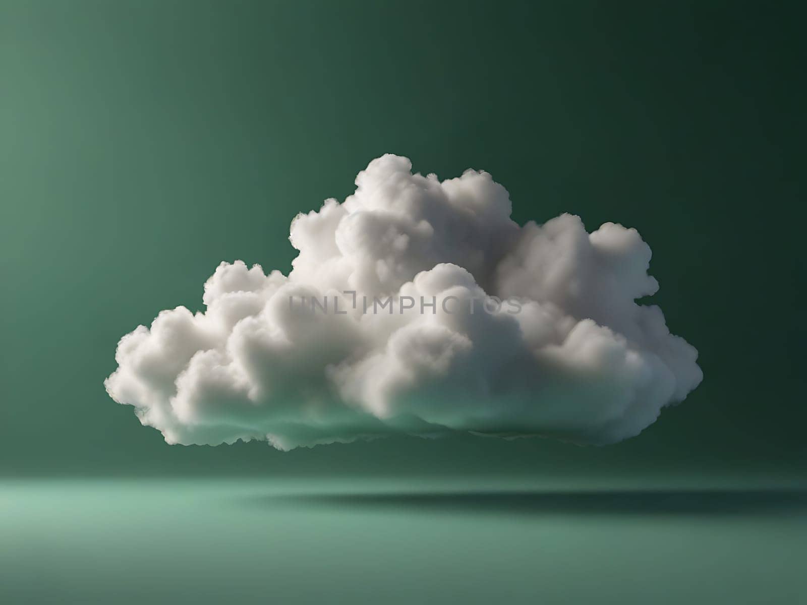 Abstract white cloud 3D render floating on green background. Generative AI.