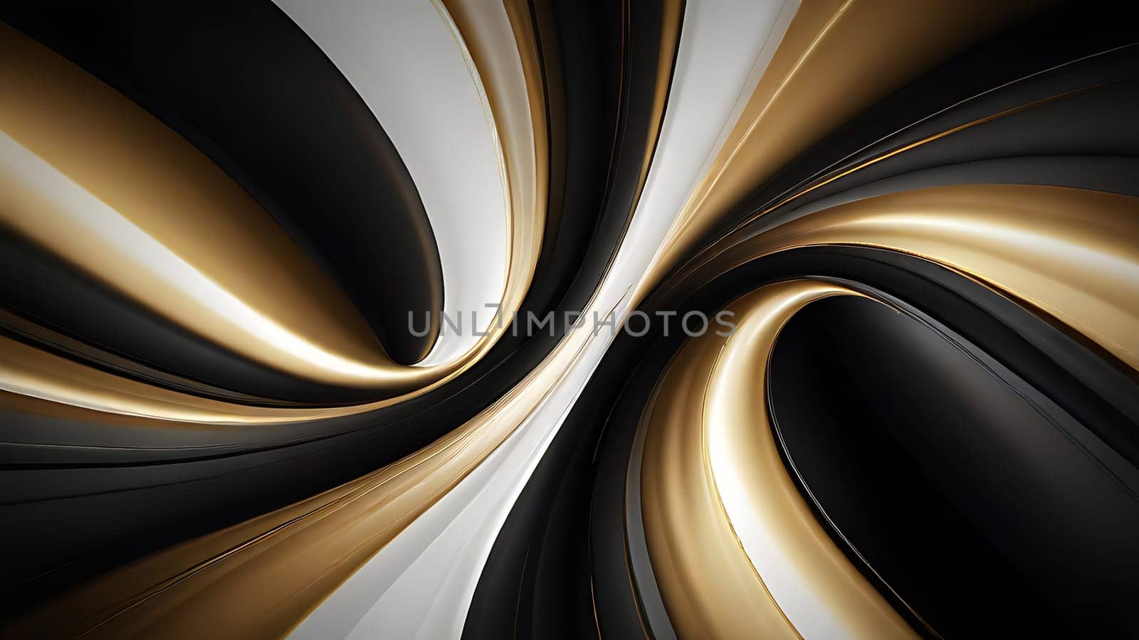 Abstract fluid swirls and curves composition in a harmonious black, gold and pure white with sense of movement smooth gradient. Abstract fluid background. Generative AI.