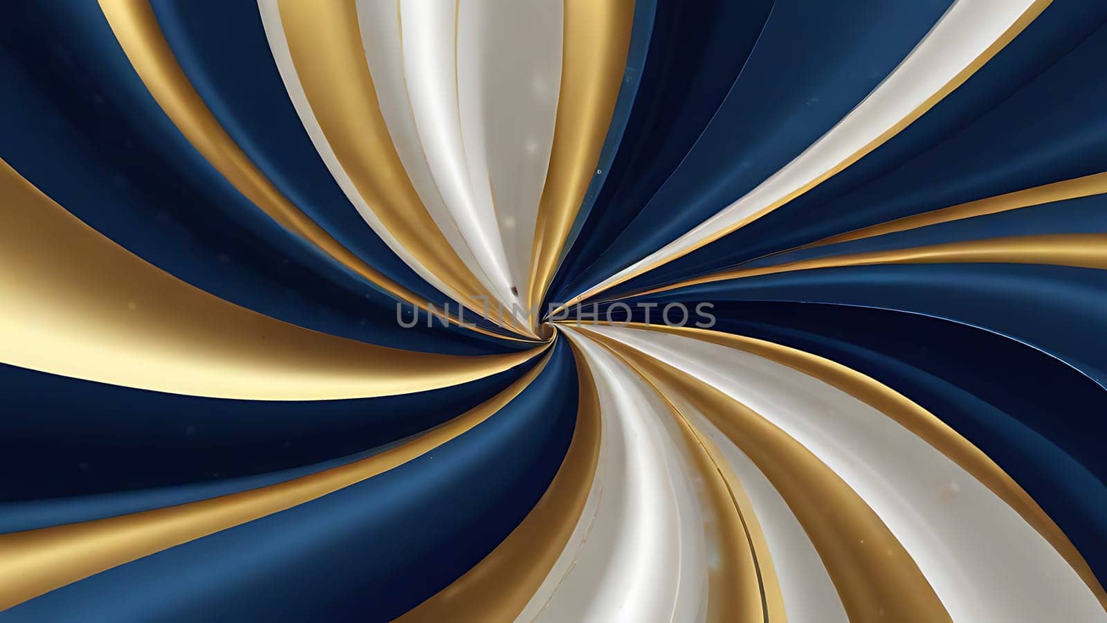 Abstract fluid swirls and curves composition in a harmonious deep blue, gold and pure white with sense of movement smooth gradient. Abstract fluid background. Generative AI.