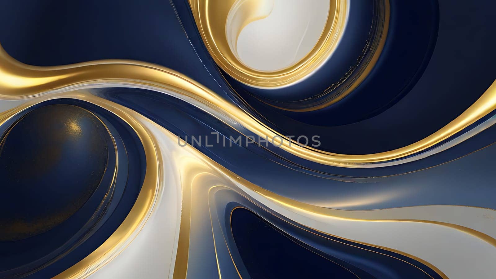 Abstract fluid swirls and curves composition in a harmonious deep blue, gold and pure white with sense of movement smooth gradient. Abstract fluid background. Generative AI.