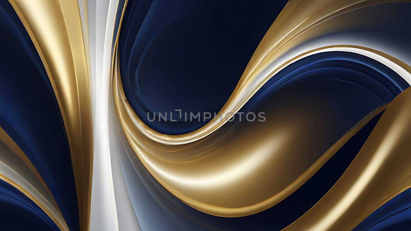 Abstract fluid swirls and curves composition in a harmonious deep blue, gold and pure white with sense of movement smooth gradient. Abstract fluid background. Generative AI.