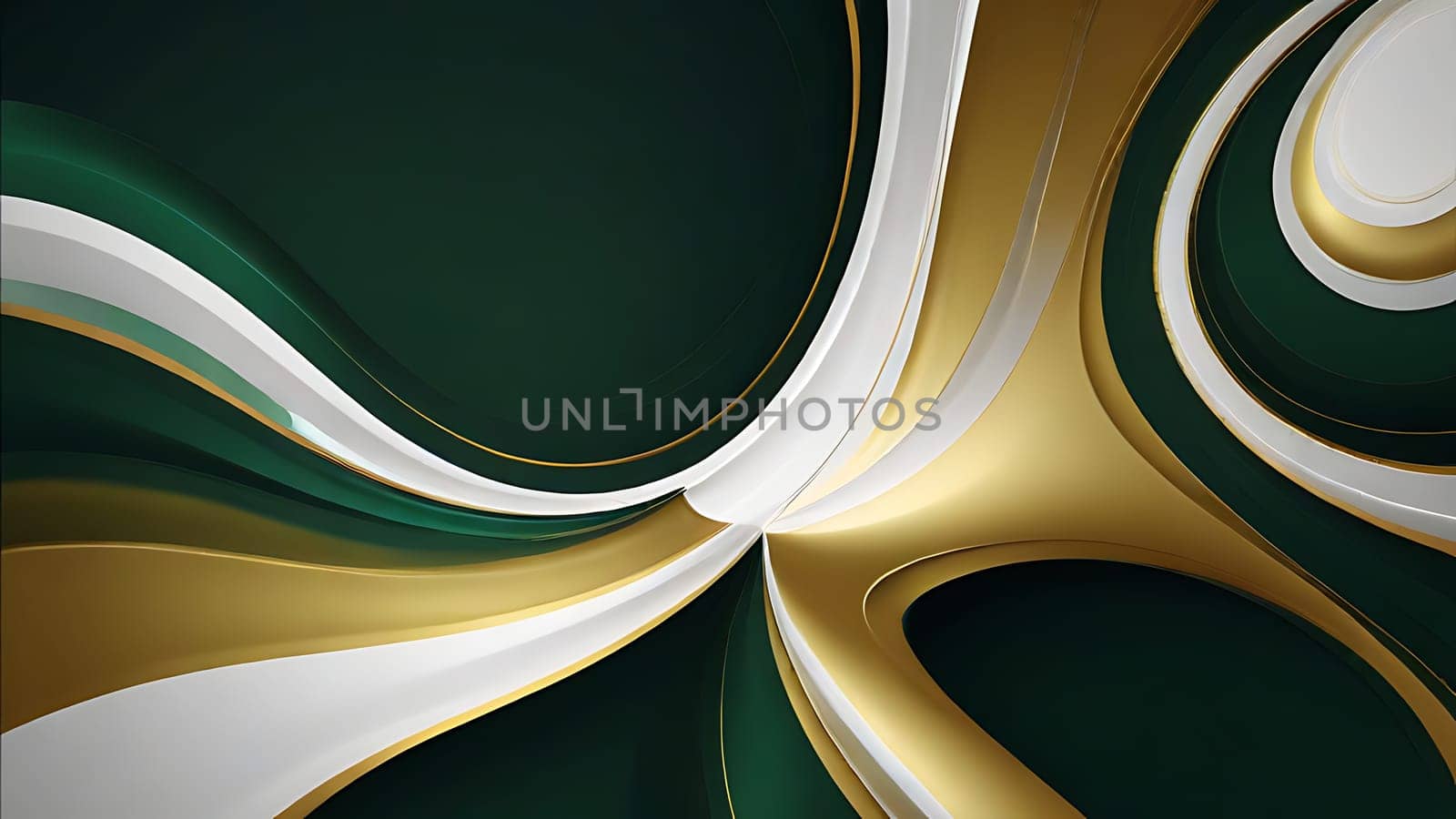 Abstract fluid swirls and curves composition in a harmonious green, gold and pure white with sense of movement smooth gradient. Abstract fluid background. Generative AI.