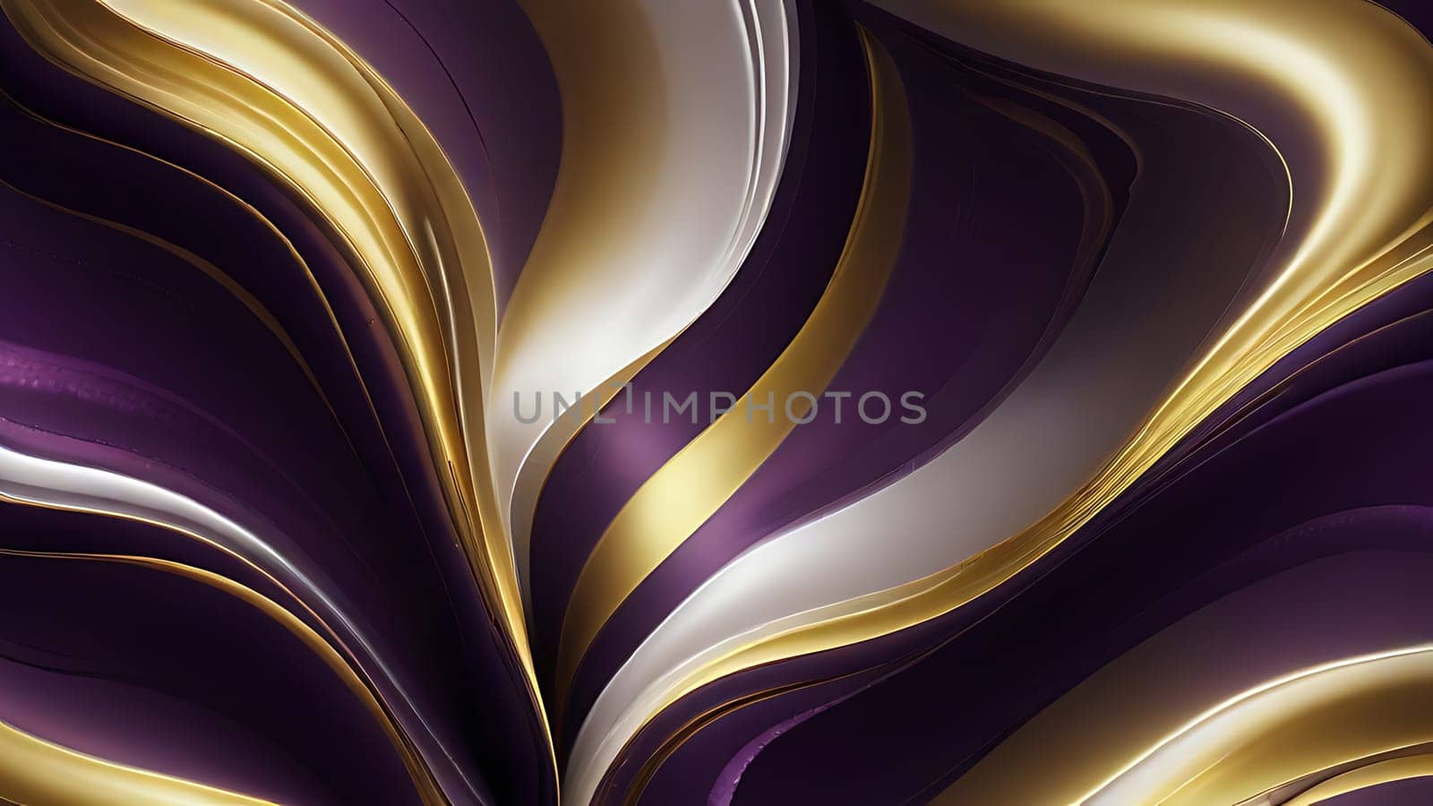 Abstract fluid swirls and curves composition in a harmonious purple, gold and pure white with sense of movement smooth gradient. Abstract fluid background. Generative AI.